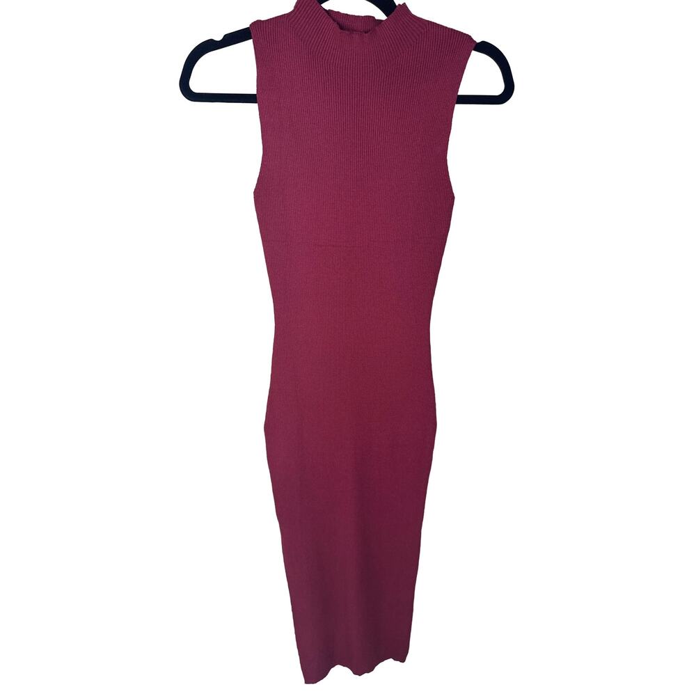 Maroon Mock Neck Ribbed Sweater Midi Dress